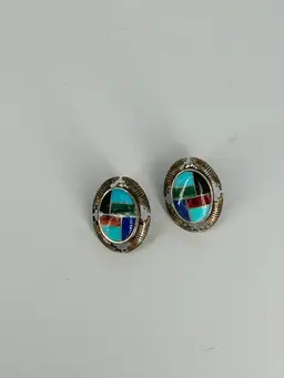 Vintage Sterling Silver Southwestern Inlay Pierced Earrings – Signed & Marked 925 Untested
