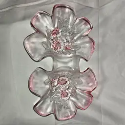Mikasa Dbl. Relish Dish Walther Glass Pink Embossed Flowers Footed