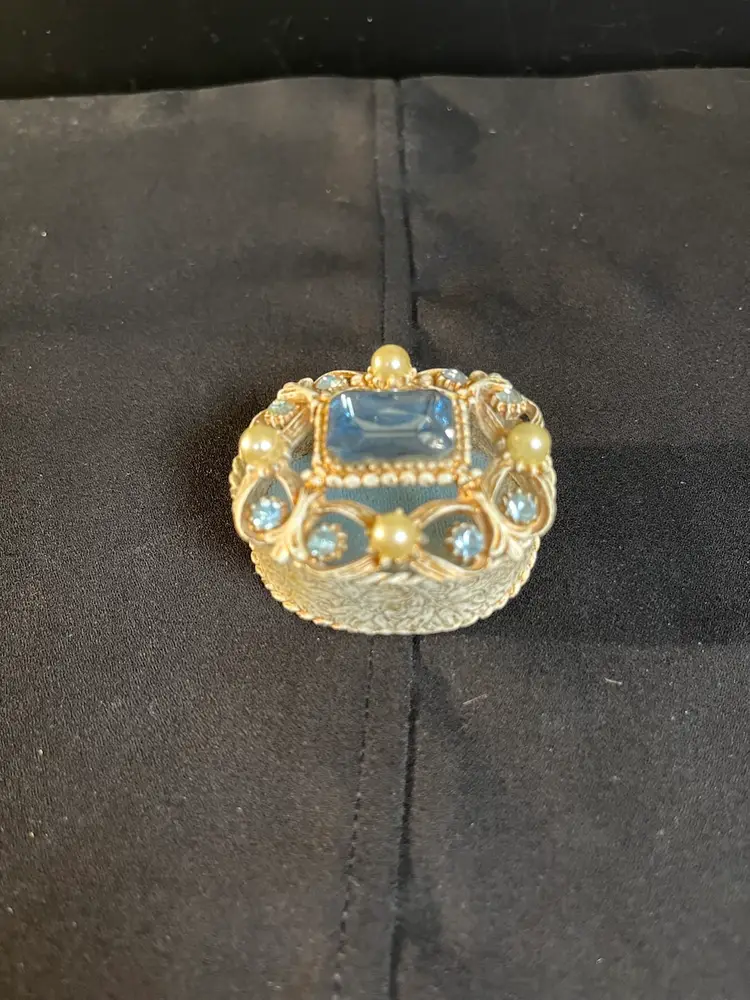 Florenza-Bejeweled Light Blue Rhinestones & Faux Pearl Ring or Trinket Box