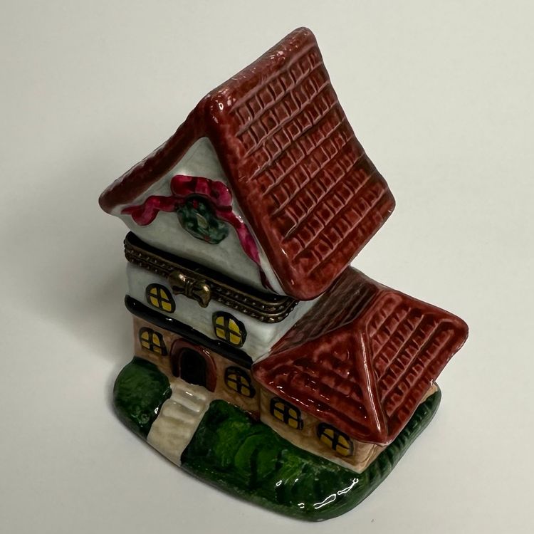 Christmas Cottage Mini Porcelain Hinged Trinket Box 4”