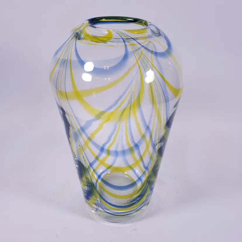Hand Blown Blue Yellow Drape Pulled Swirl Large Heavy ART GLASS VASE