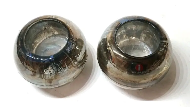 Iittala Finland Set Of 2 Glass Candle / Tealight Holders Multicolor Swirl