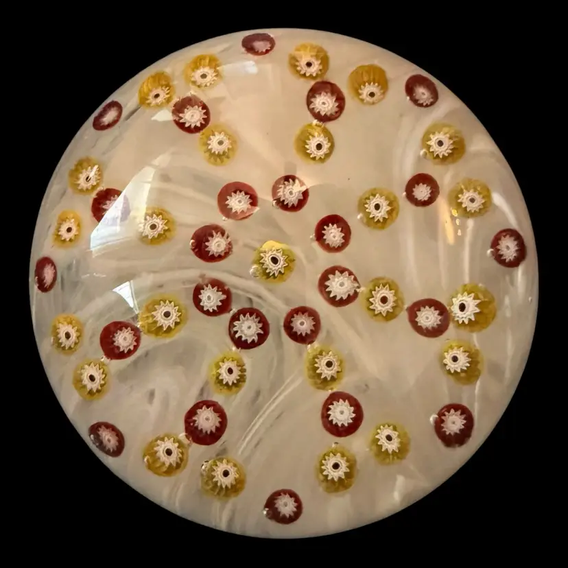 Gentile Glass Sky City Millefiori Paperweight White Swirl Base 3.25”