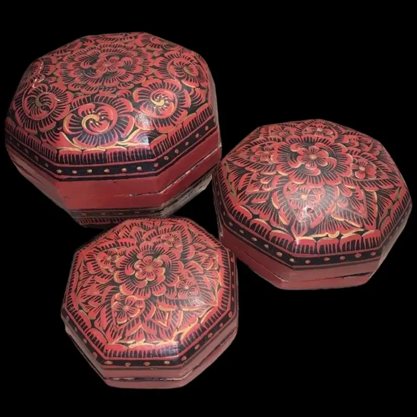 Asian Inspired Lacquered PAINTED OCTAGONAL NESTING BOXES Set Of 3 Wood/Composite