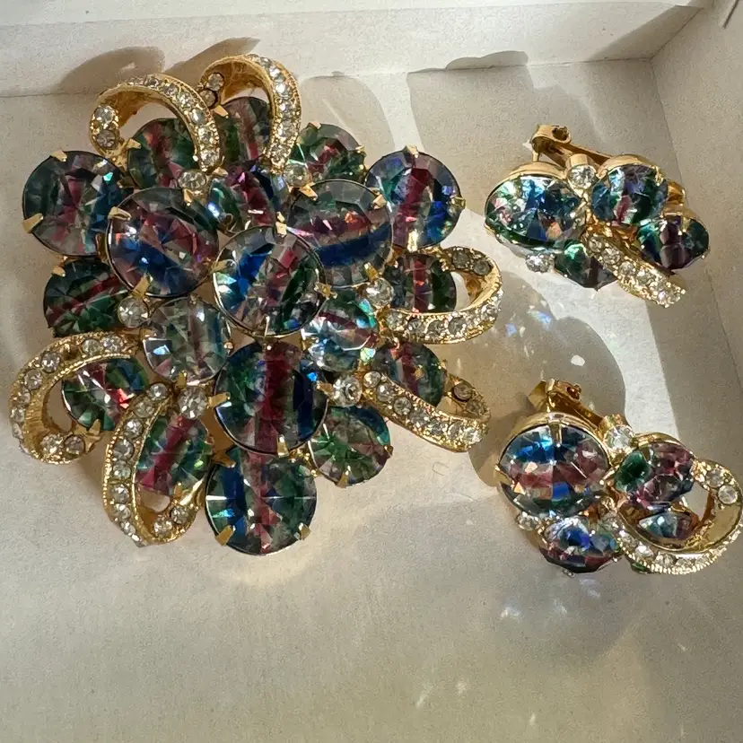 Eisenberg Brooch & Clip on Earrings Watermelon, Iris, Candy Stripe Rhinestones Print Set