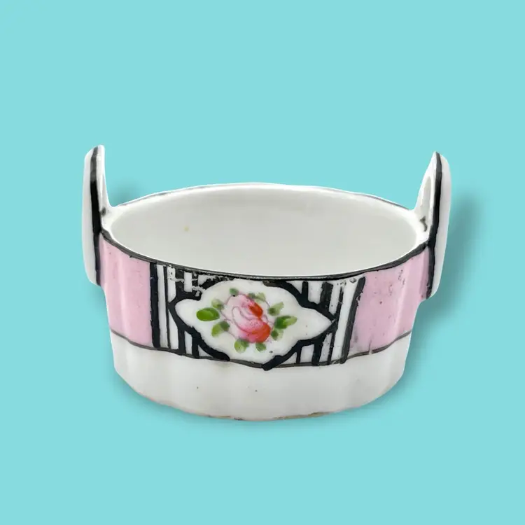 Vintage Porcelain Art Deco Noritake Handled Tub Bucket Open Salt Cellar Pink Black Stripes Flowers Antique Morimura Wreath Mark