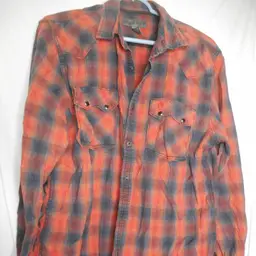 Size L red orange black Plaid long sleeve button front Shirt 100% cotton Decree
