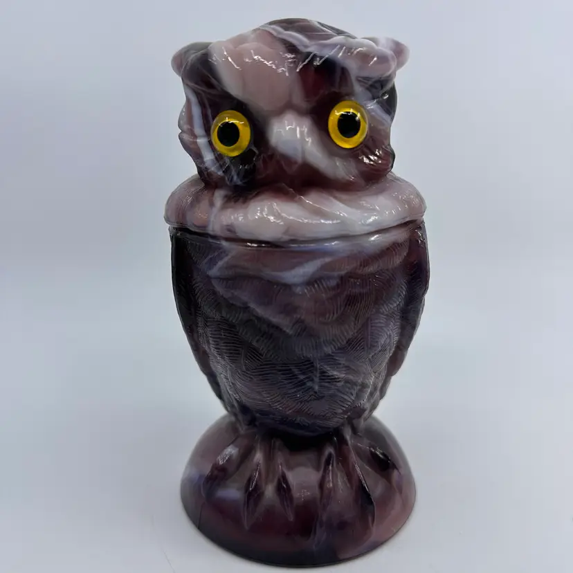 Vintage 1960s Imperial Amethyst Slag Glass Owl Candy Dish