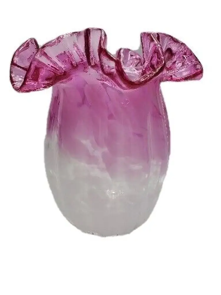 VTG Cranberry White Splatter Glass Vase w/ Ruffled Rim 7.5" Tall