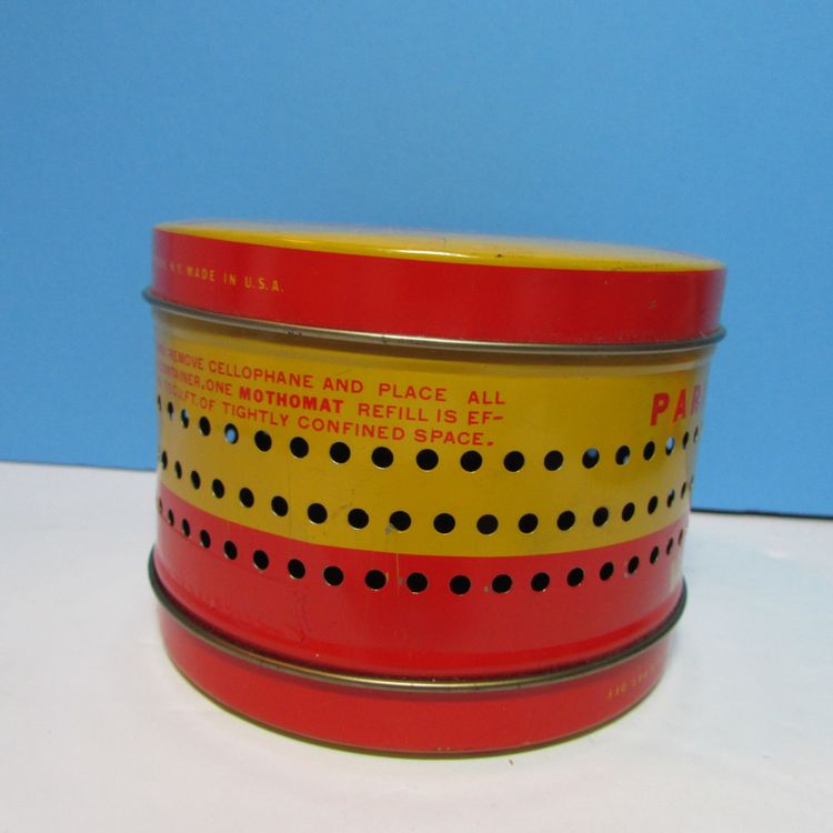 vintage orange and yellow Moth Mat Tin USA Uncle Sam Chemical Co. Halloween fall decor
