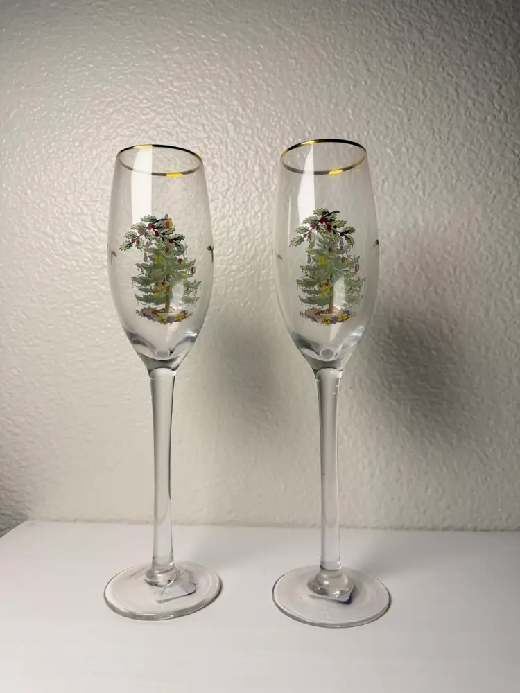 Spode Christmas Tree Champagne Flutes Gold Rimmed 10.25” Tall Set of 2