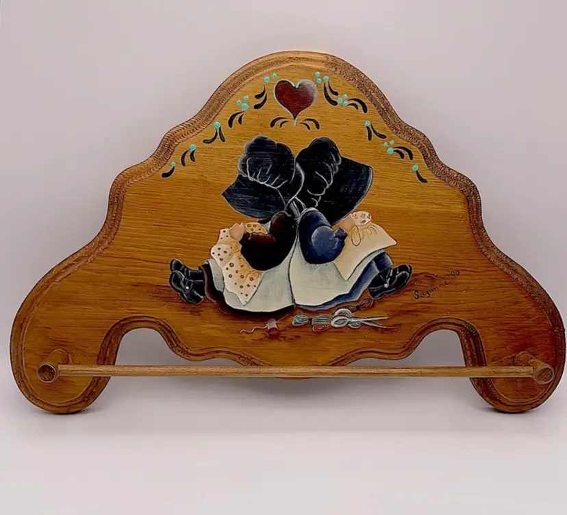 Vintage, Handmade/Hand Painted, Folk Art, Wooden Towel Rack, Little Girls Sewing, Artist Signed 1990