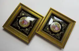 Pair Vintage Fragonard Porcelain Courting Couples Plaques Framed Domed Glass