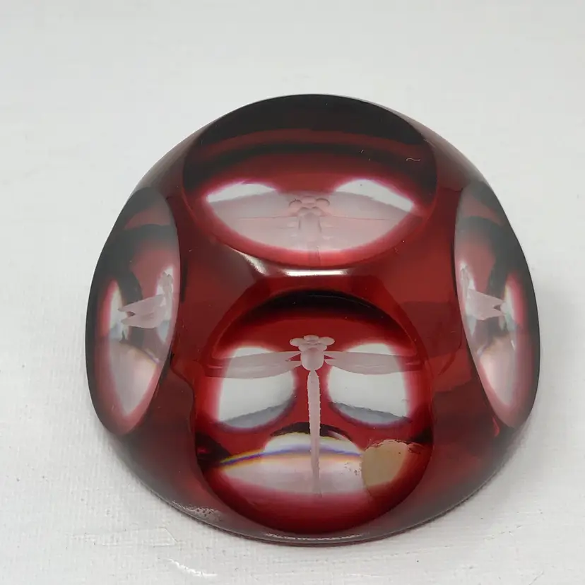 Royal Doulton Dragonfly Red Windowpane English Crystal Paperweight with Original Label