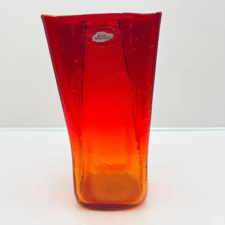 Blenko Tangerine Vintage Crackle Glass Bag Vase