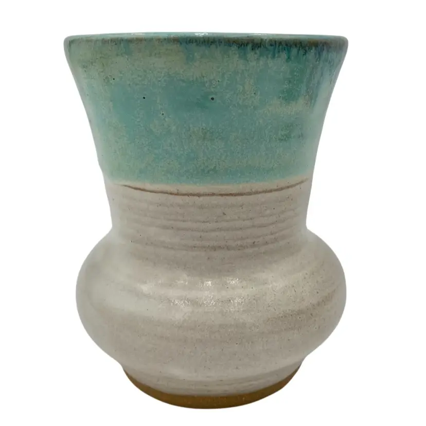 Hand-Thrown Studio Pottery Vase, Majolica Glaze, White/Aqua, Signed, 5.5" Tall