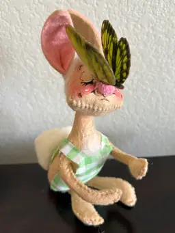 Vintage 1971 Annalee Bunny Rabbit w/ Butterfly on Nose 6 1/2” Green Gingham Easter Spring