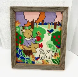 Vintage Needlepoint Woodland Critters Framed Art Reclaimed Barn Wood Frame, Bear Bunny Trees Colorful Needlework