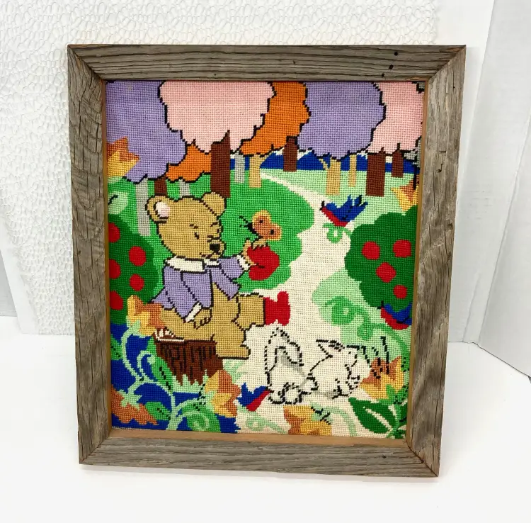 Vintage Needlepoint Woodland Critters Framed Art Reclaimed Barn Wood Frame, Bear Bunny Trees Colorful Needlework