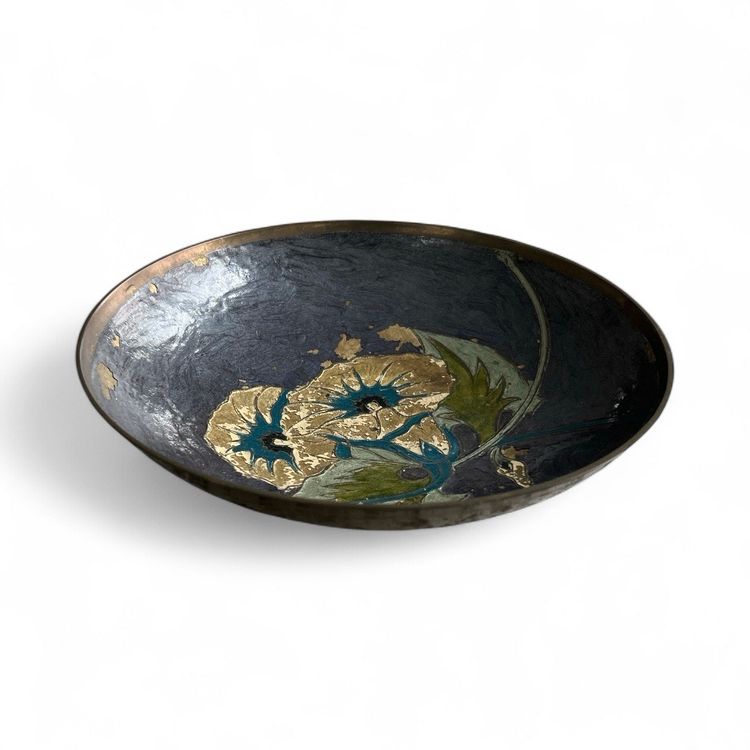 Brass Enameled Flower Themed Trinket Bowl Or Dish