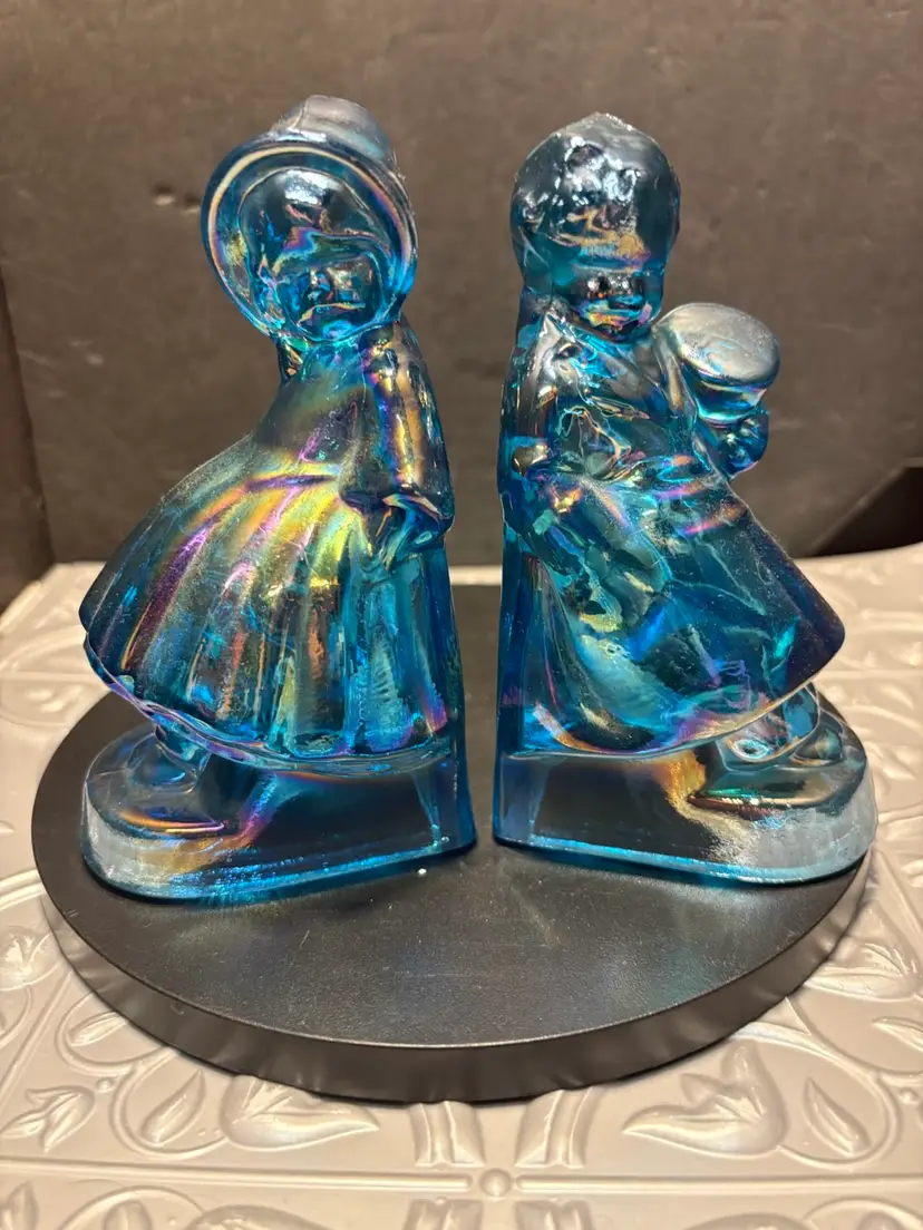 Vintage 1970s Vintage Wheaton Turquoise Blue Carnival Glass Girl/Boy Bookends/figurines /candy Surprise
