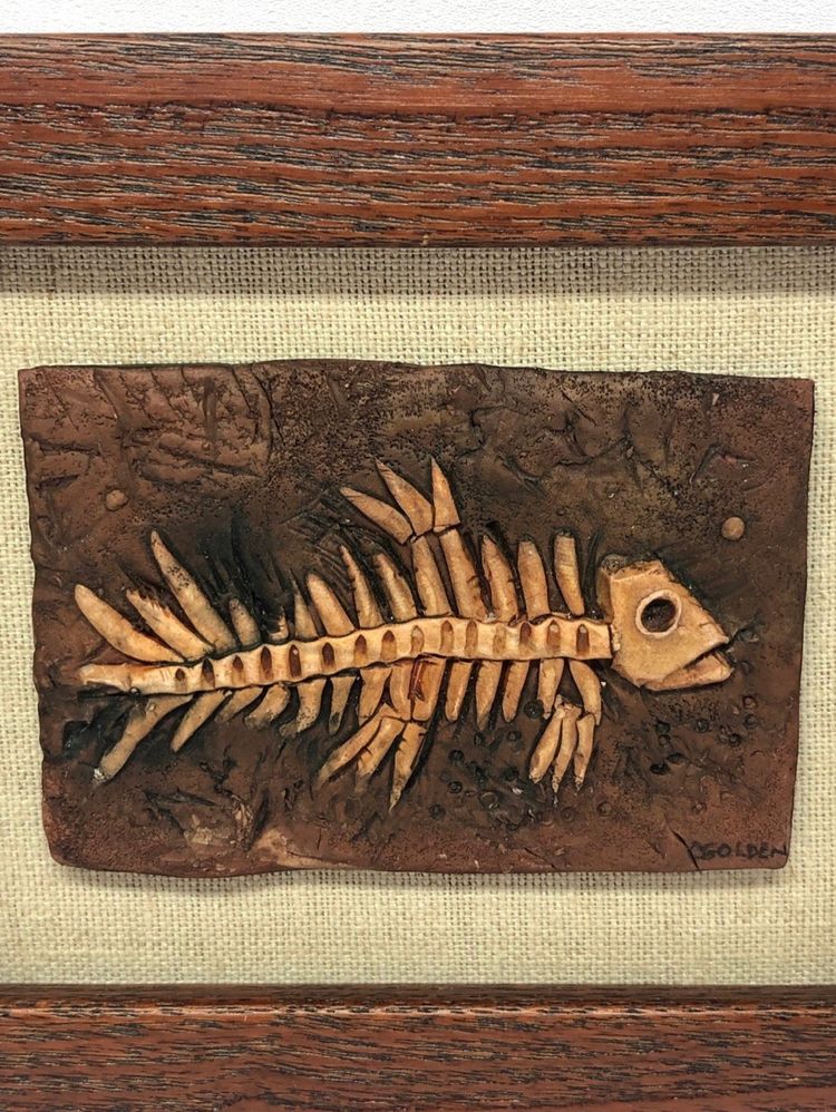 Hand-Crafted Charles Golden Polymer Fossil Fish Art in Frame