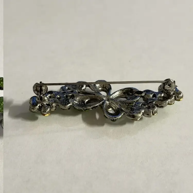 Vintage Rhinestone Floral Brooch Green AB Silver