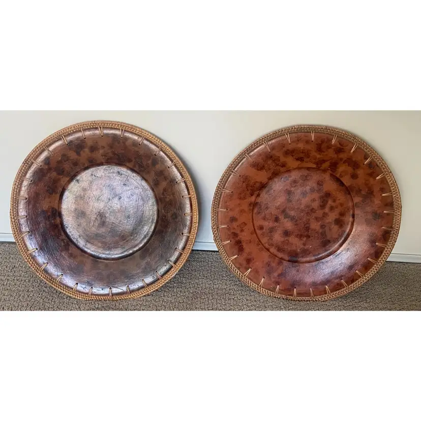 2 Ceramic Animal Print Charger Plates with Woven Outer Trim, 14" Diameter