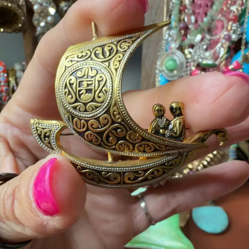 Damascene Sailboat Brooch - Marked Spain 2"