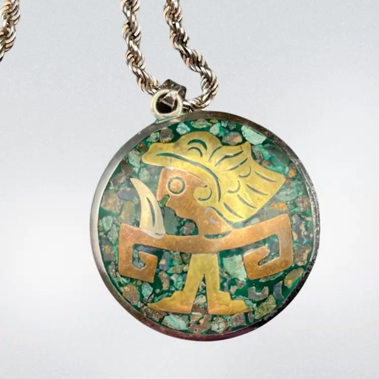 Taxco Mexico 925 Sterling Silver, Copper, Turquoise Inlay Pendant With Twist Rope Chain