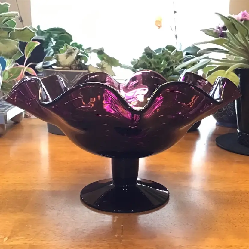 Bischoff Purple Amethyst Footed Compote Candy Dish Bowl with Bubble Design 