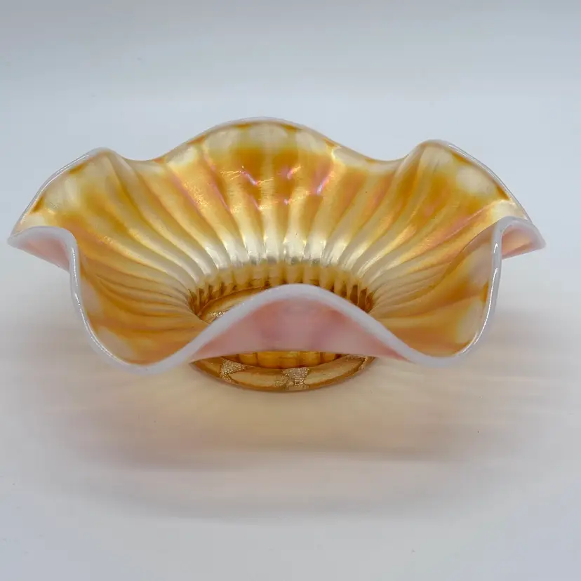 Dugan Glass Vintage Carnival Peach Ruffled Opalescent Stippled Flower Bowl