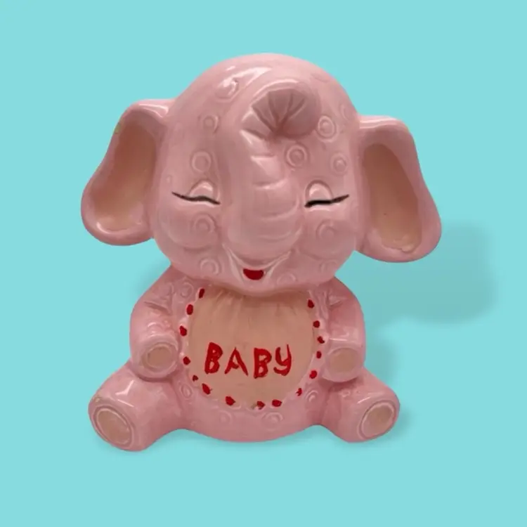 Kitschy Cute Vintage poss Rubens Originals Pink Ceramic Elephant “Baby” Nursery Bank