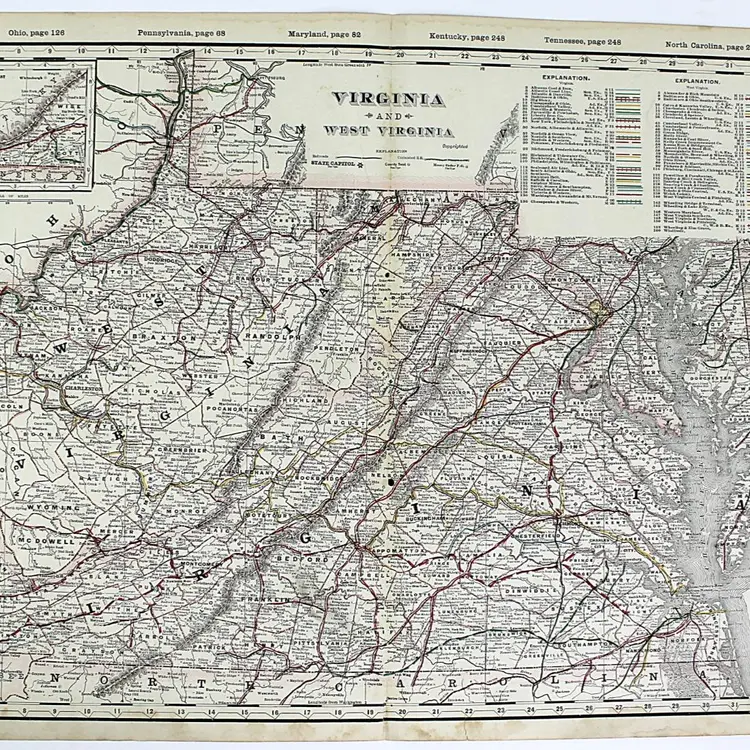 Railroad Map of Virginia and West Virginia circa 1900 Large 22 1/2 x 17 1/2 Full Color Lithograph