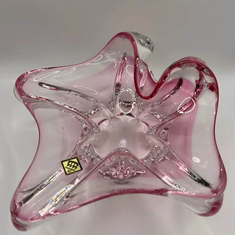 Large Czech Chribska Bohemian Pink and Clear Abstract Art Glass Dish Vintage MCM
