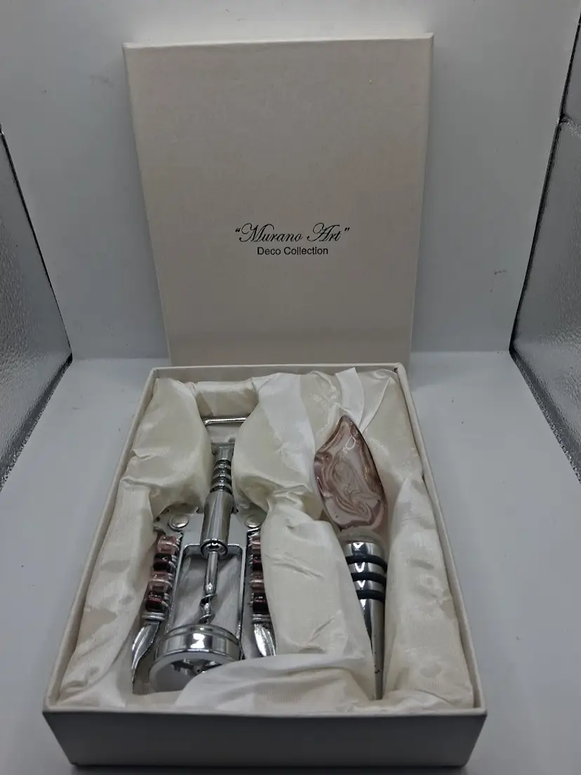 NEW IN BOX, Murano Italy Blown Copper Aventurine Glass & Chrome Wine Stopper & Opener Set