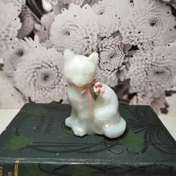 Vintage Fenton White Iridescent Glass Cat Figurine with Pink Ribbon & Rose Collar