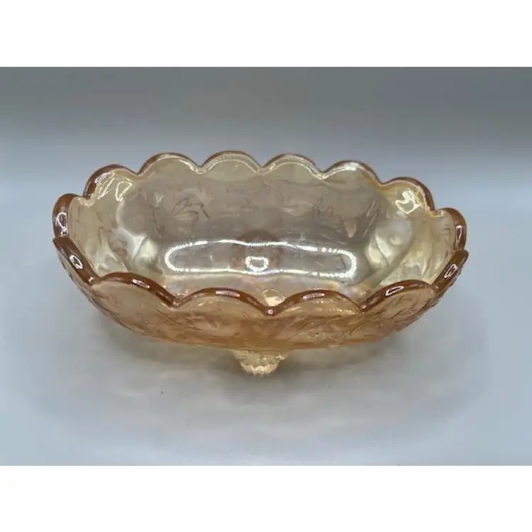 #02 - Vintage Carnival Glass Footed  Oval Bowl ~ Iridescent Floral Design ~ Trinket Dish ~  Measures 2 inches tall