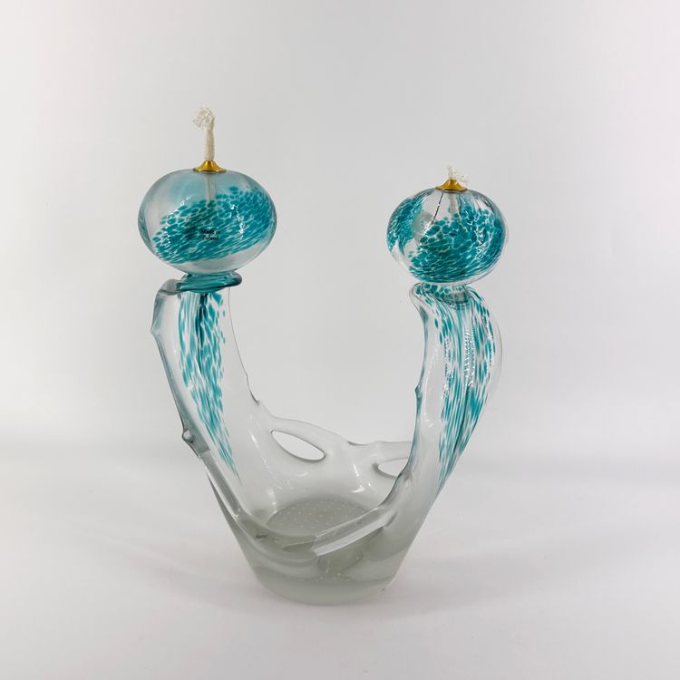 Applied Teal Glass 10" Tall Polish Double Oil Lamp Hand Made In Poland
