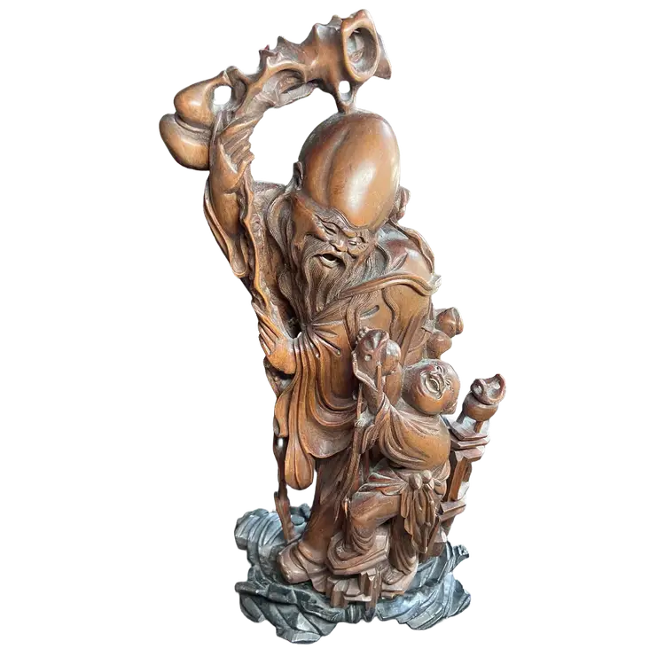 Vintage Wood Carving of Shou Lao, Chinese God of Longevity, 14"