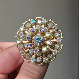 Vintage Aurora Borealis Domed 3D Gold Tone Brooch