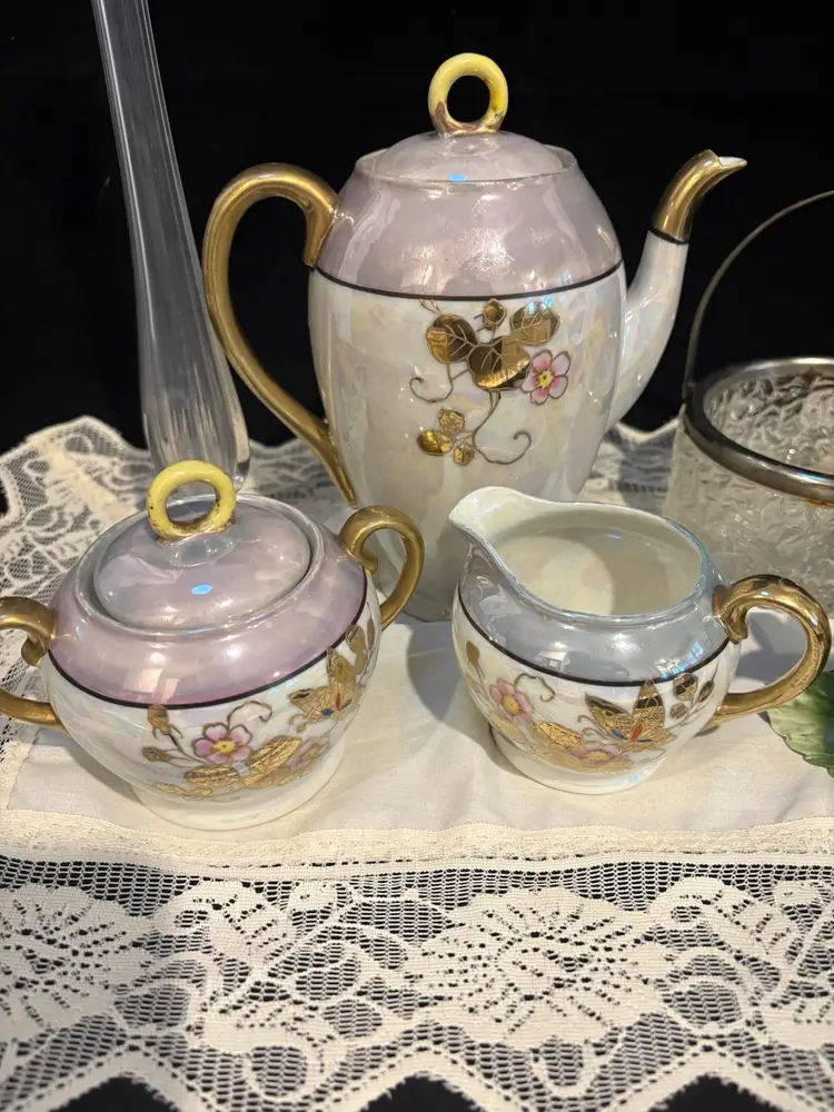 Tea Party Vignette Tea set Made Japan, clear swung vase, Capodimonte (as is) Crystal handled dish, doily