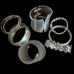 Lot of 7 Silver-Tone Fashion Bracelets – Modernist Cuff, Stretch, Hammered Bangle, Mesh Coil, Discs & More