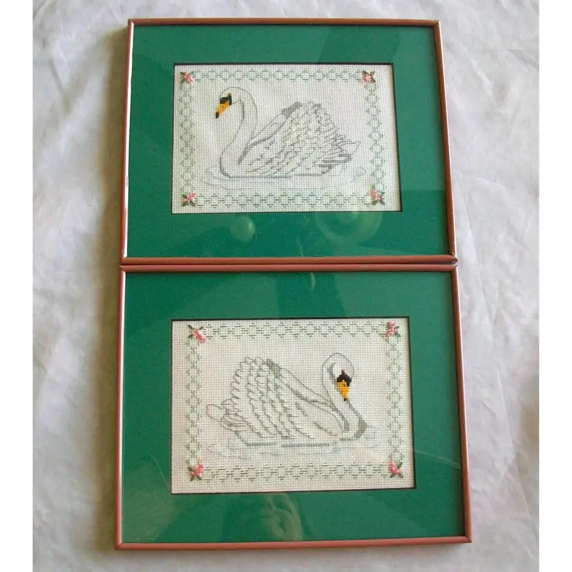 Pair Elegant Regal Swans Cross Stitch Framed Art Wall Decor 8.5" x 10.5"