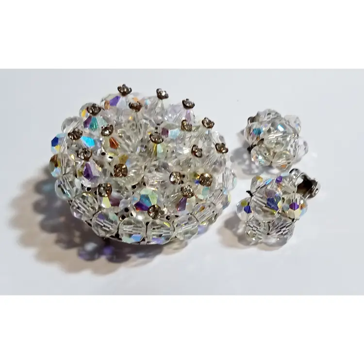 Aurora Borealis Crystals Hand Wired Brooch & Clip On Earrings. Vintage Estate circa 1950's-60's