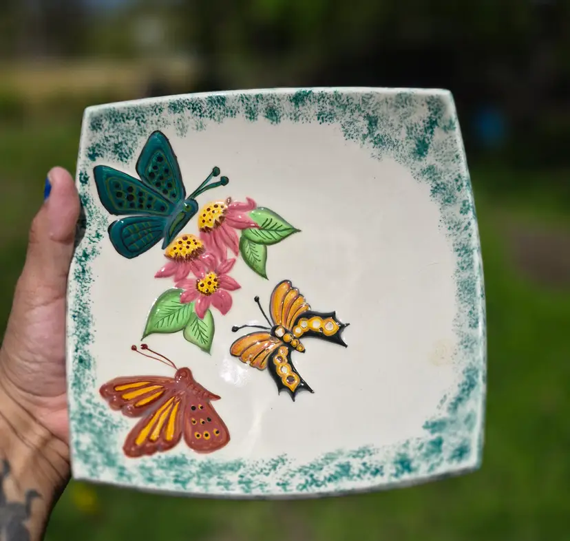 Handmade Studio Pottery Square Plate Raised Rim Butterfly Designs- READ