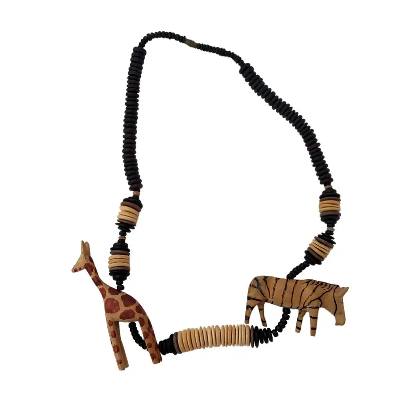 Handmade Necklace Wood Giraffe Zebra Wood 25" 80's 90's Africa Style Vintage