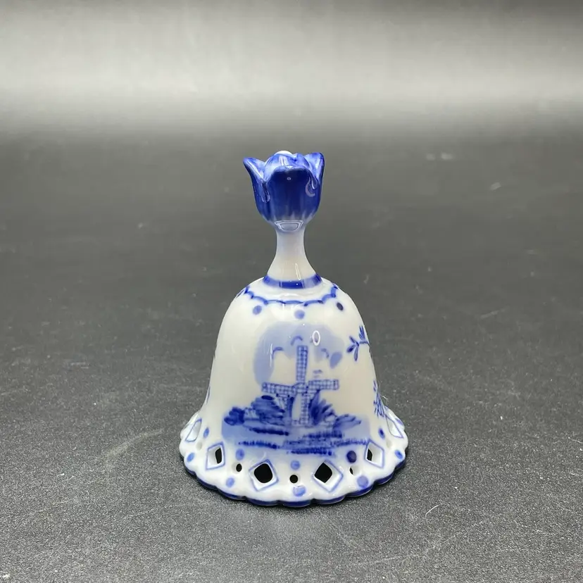 Blue & White Ceramic Bell Windmill Tulip Handle Reticulated Edge Vintage