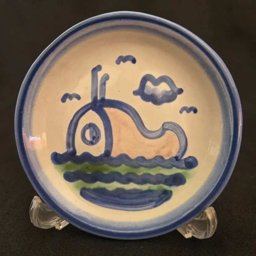 Art Pottery Coaster Whale in Ocean Signed M. A. Hadley Pattern 4¼" Stoneware Vintage