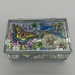 Amia Hand Painted Bluebird Butterfly Florals Beveled Glass Footed Mirrored Bottom Jewelry Trinket Box